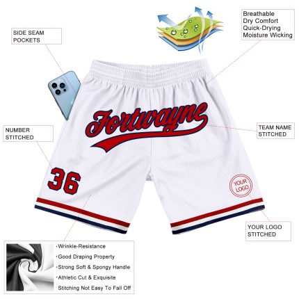Personalized Authentic Basketball Shorts in White Red-Navy - Throwback Style Personalized White Red-Navy Authentic Throwback