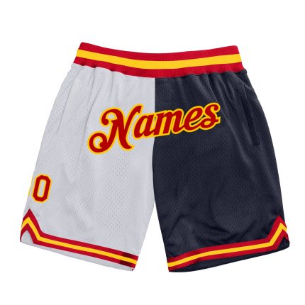 Personalized Authentic Basketball Shorts in White Red-Navy Split Style Personalized White Red-Navy Authentic Throwback Split