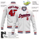 Custom Name Number Red Navy White Varsity Letterman Bomber Jacket - Personalized Full-Snap Team Jacket Personalized White