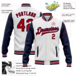Custom Team Name Number Red Navy White Two Tone Varsity Bomber Full-Snap Jacket Personalized White Red-Navy Bomber Full-Snap