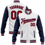 Custom Team Name Number Red Navy White Two Tone Varsity Bomber Full-Snap Jacket Personalized White Red-Navy Bomber Full-Snap