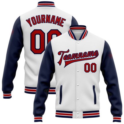 Custom Team Name Number Red Navy White Two Tone Varsity Bomber Full-Snap Jacket Personalized White Red-Navy Bomber Full-Snap