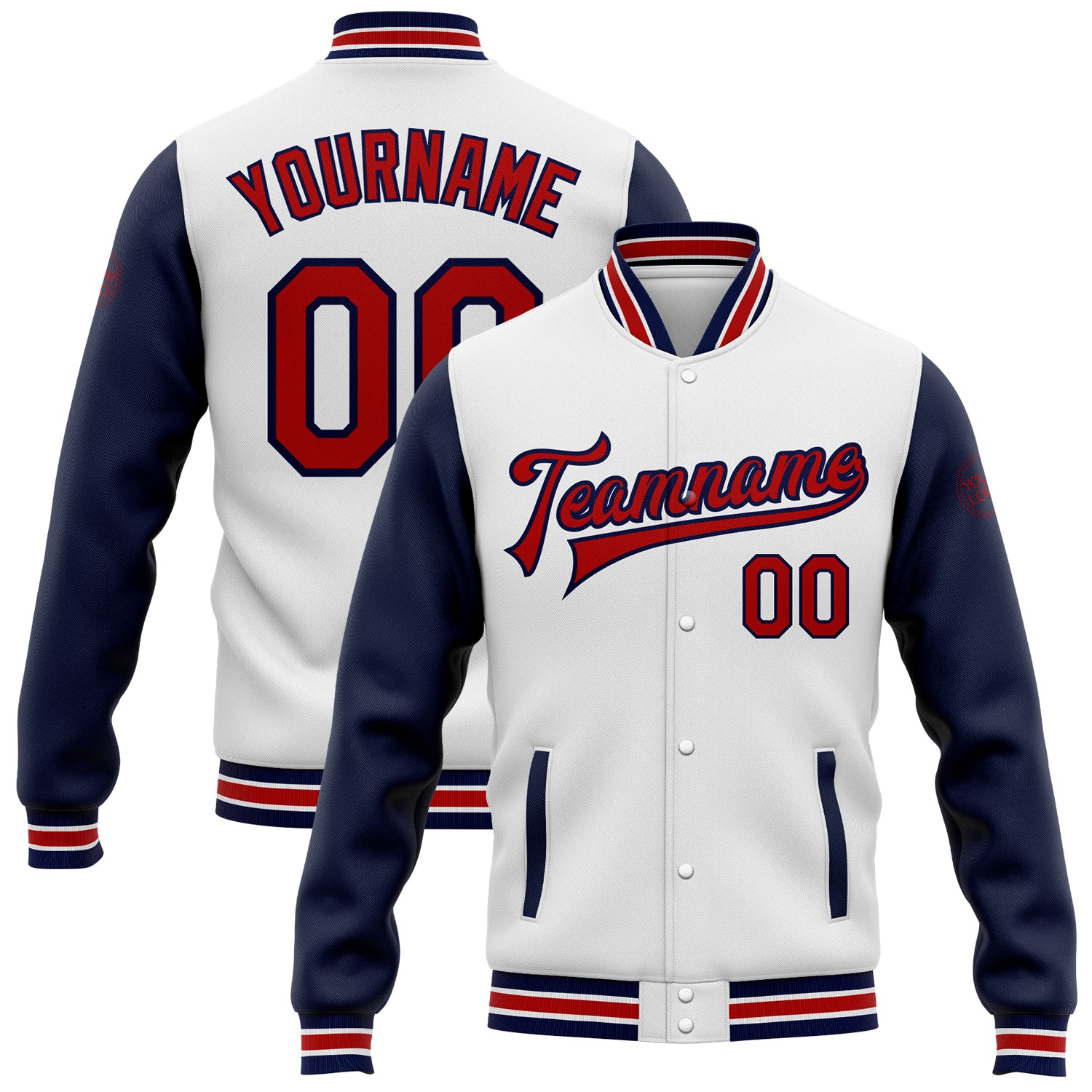 Custom Team Name Number Red Navy White Two Tone Varsity Bomber Full-Snap Jacket Personalized White Red-Navy Bomber Full-Snap