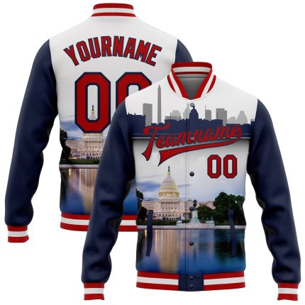 Custom 3D Bomber Varsity Letterman Jacket with Personalized Name & Number - White Red Navy Capitol Washington City Edition