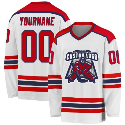 Customizable Red and Navy Hockey Jersey - Personalized Sports Apparel Personalized White Red-Navy Hockey Jersey
