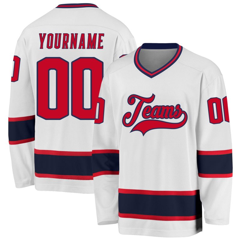 Custom Team Hockey Jersey with Personalized Name and Number | Red-Navy White Design Personalized White Red-Navy Hockey Jersey