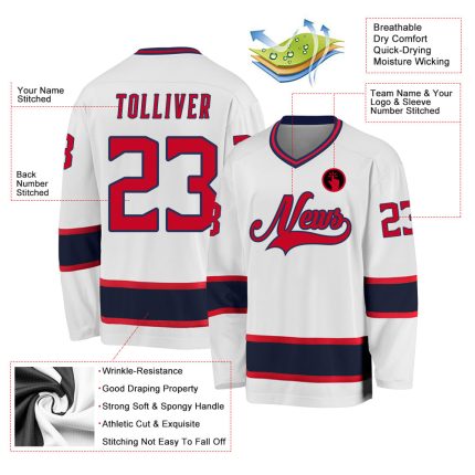 Custom Team Hockey Jersey with Personalized Name and Number | Red-Navy White Design Personalized White Red-Navy Hockey Jersey