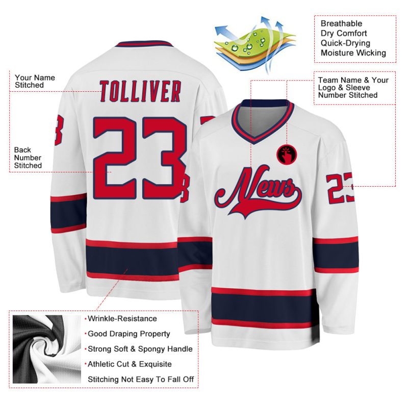 Custom Team Hockey Jersey with Personalized Name and Number | Red-Navy White Design Personalized White Red-Navy Hockey Jersey