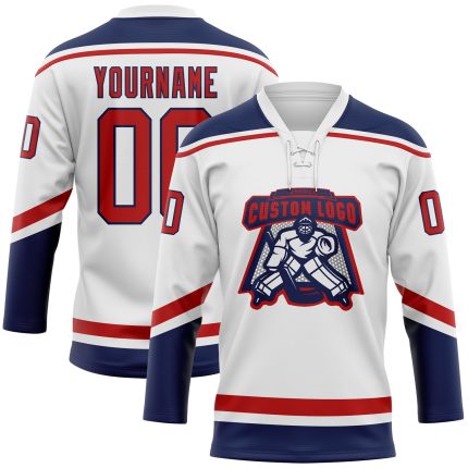 Personalized Hockey Jersey with Custom Name and Number - White Red-Navy Lace Neck Team Apparel Personalized White Red-Navy