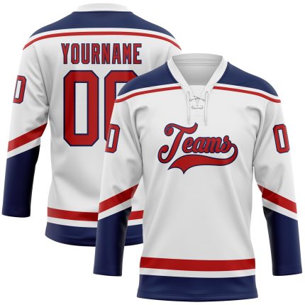Personalized Hockey Jersey with Custom Name and Number - White Red-Navy Lace Neck Team Apparel Personalized White Red-Navy