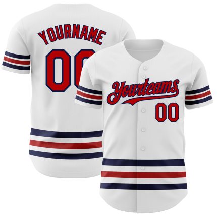 Custom Authentic Baseball Jersey - Personalized Team Name & Number, White with Red-Navy Line Personalized White Red-Navy