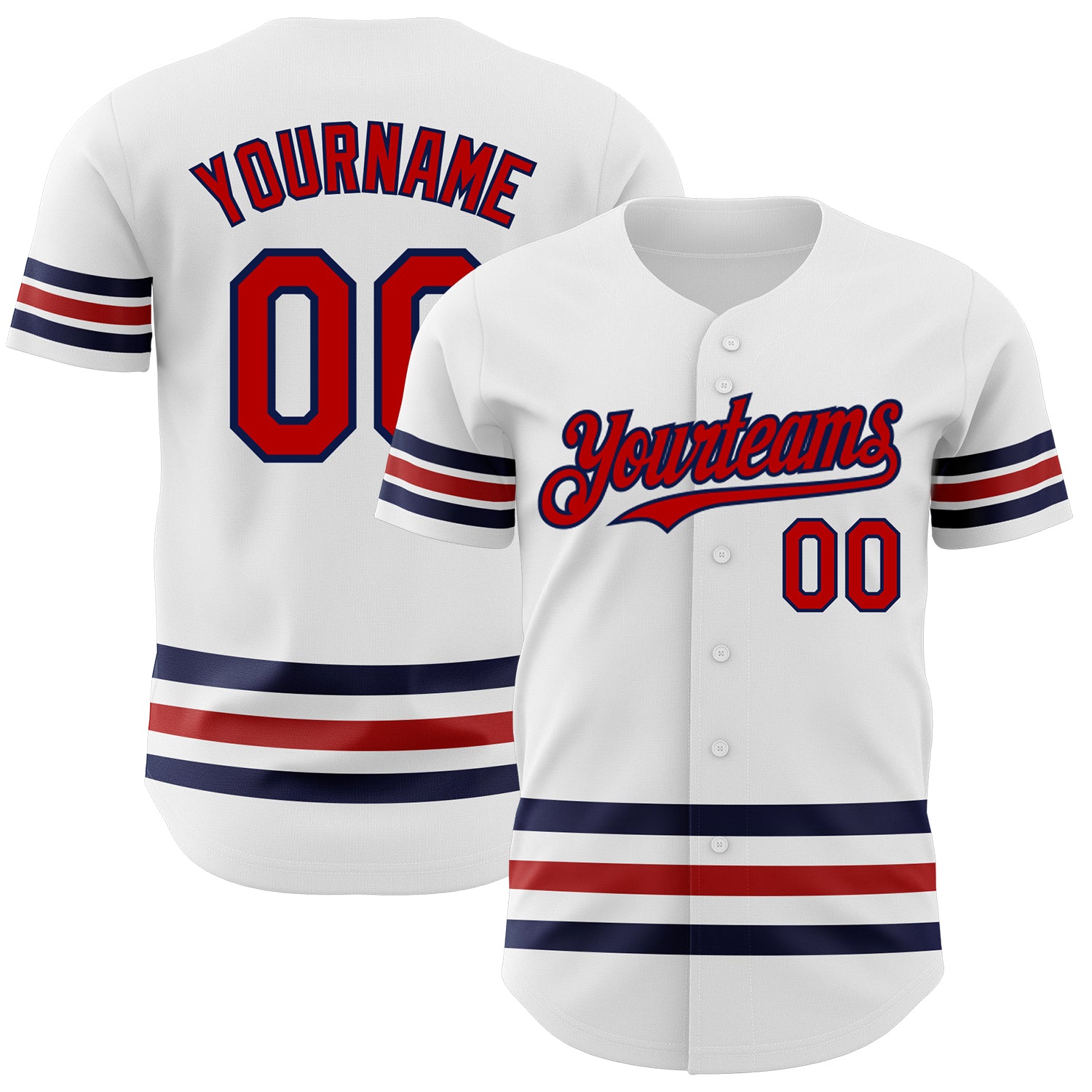 Custom Authentic Baseball Jersey - Personalized Team Name & Number, White with Red-Navy Line Personalized White Red-Navy