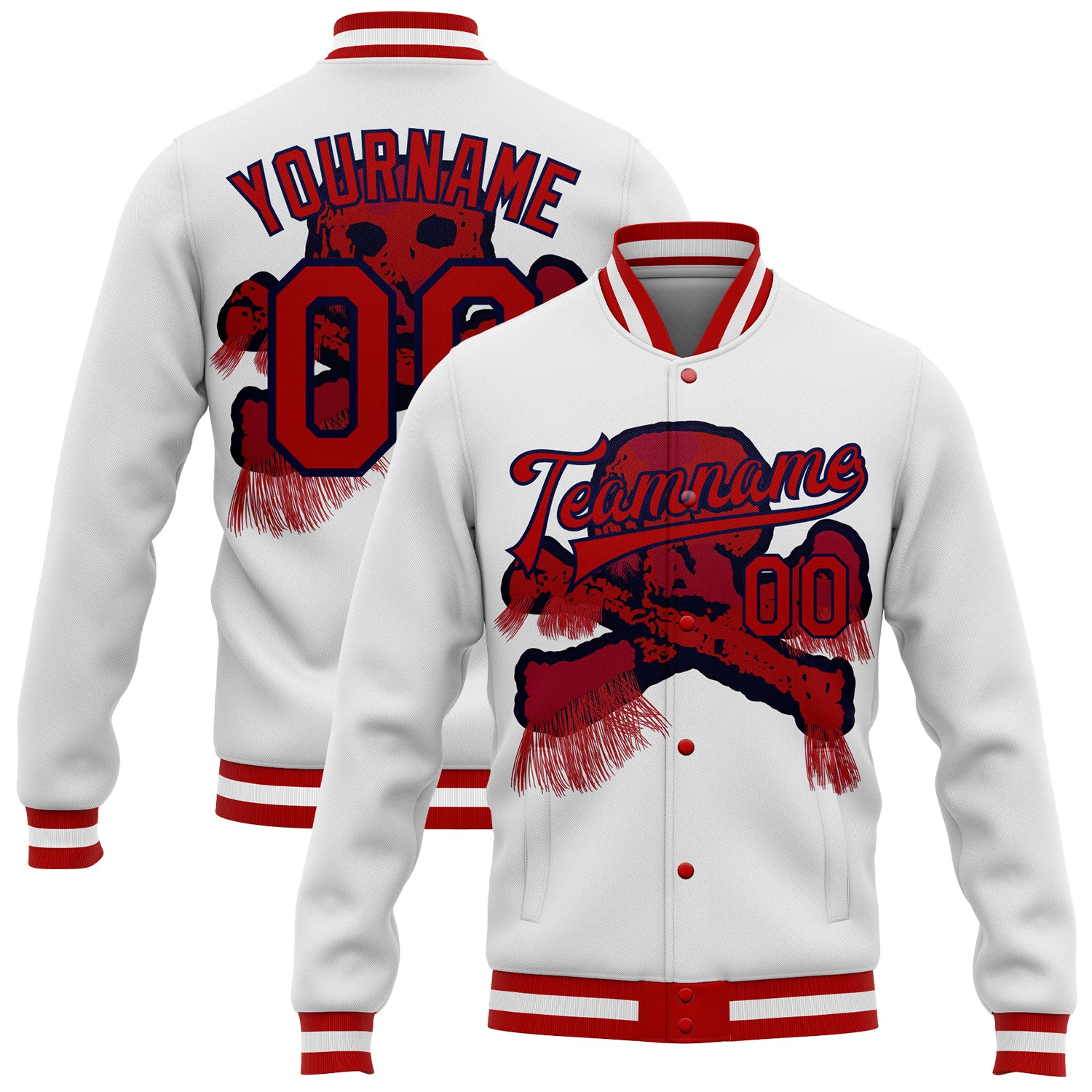 Custom Name Number Personalized 3D Skull Varsity Letterman Jacket - White Red-Navy Bomber Fashion Jacket Personalized White