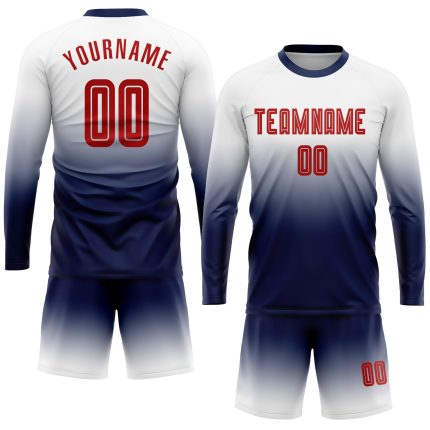 Custom Name Number Soccer Jersey - Personalized Red Navy Long Sleeve Fade Design Uniform Personalized White Red-Navy Sublimation