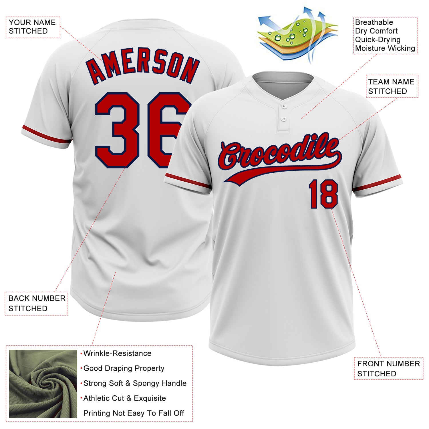 Personalized White Red-Navy Two-Button Unisex Softball Jersey Customizable Softball Jersey - White Red-Navy Unisex Two-Button Design Personalized White Red-Navy Two-Button Unisex Softball - Image 3