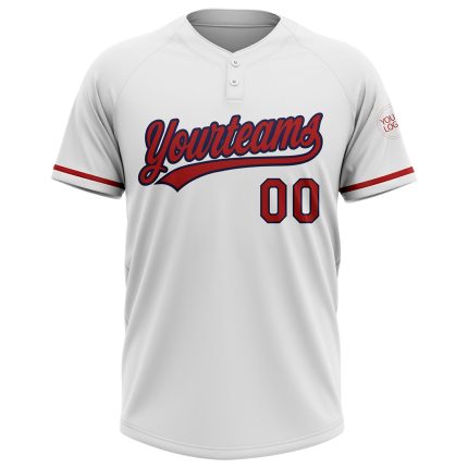 Customizable Softball Jersey - White Red-Navy Unisex Two-Button Design Personalized White Red-Navy Two-Button Unisex Softball