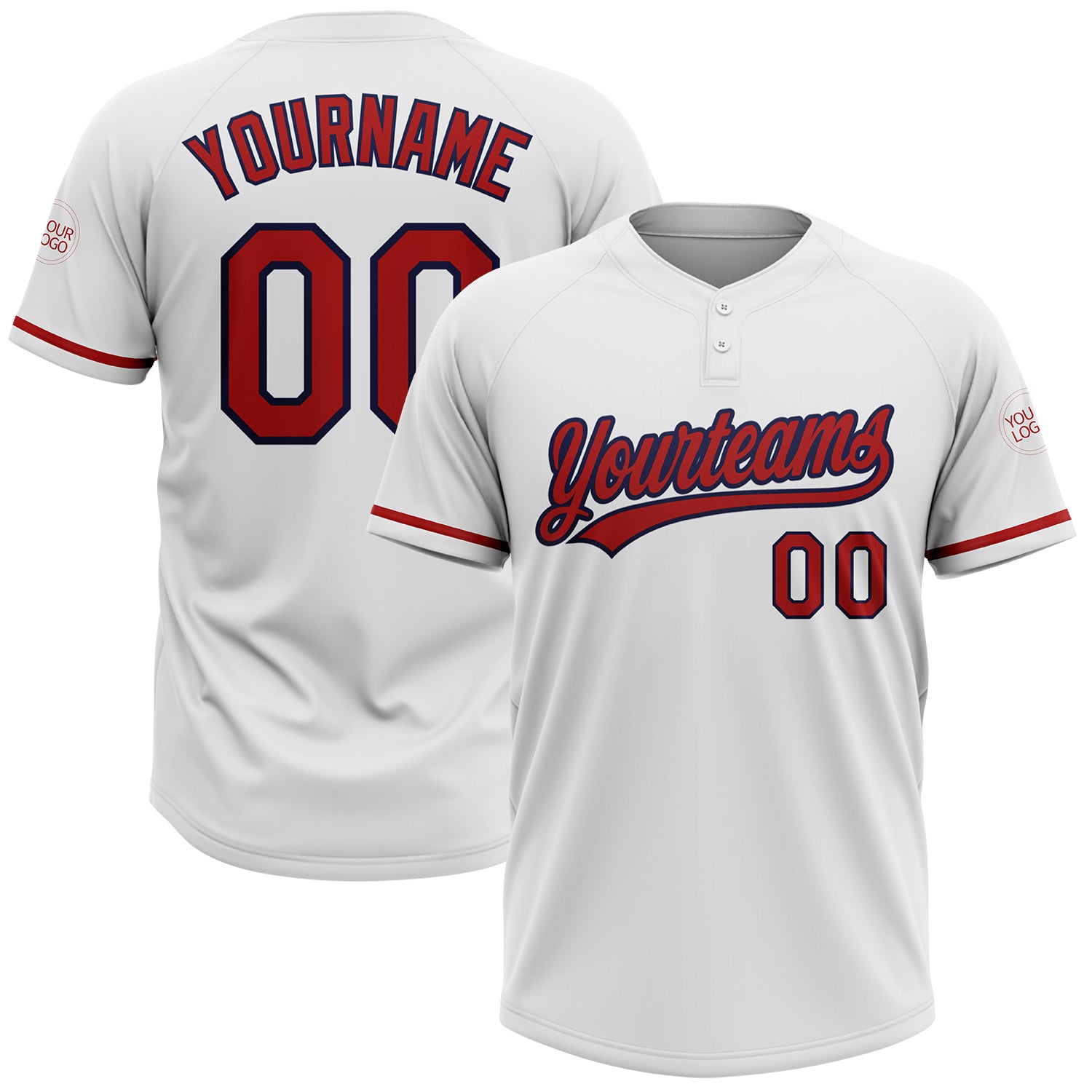 Customizable Softball Jersey - White Red-Navy Unisex Two-Button Design Personalized White Red-Navy Two-Button Unisex Softball