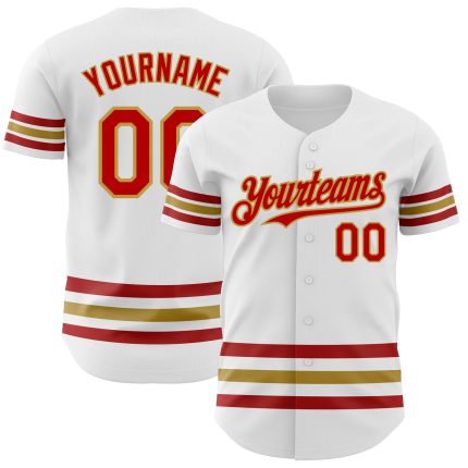 Custom Authentic Baseball Jersey with Personalized Name and Number - White Red Old Gold Line Design Personalized White Red-Old