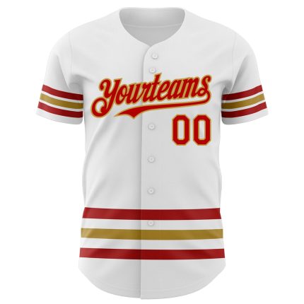 Custom Authentic Baseball Jersey with Personalized Name and Number - White Red Old Gold Line Design Personalized White Red-Old