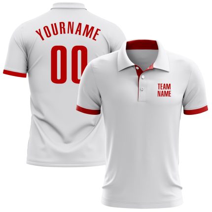 Custom Name and Number Golf Polo Shirt - Personalized Performance White Red Team Apparel Personalized White Red Performance