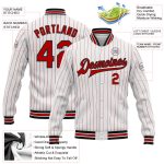 Personalized Varsity Letterman Jacket Black Bomber Red White Pinstripe Full-Snap Design Personalized White Red Pinstripe