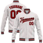 Personalized Varsity Letterman Jacket Black Bomber Red White Pinstripe Full-Snap Design Personalized White Red Pinstripe