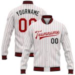 Custom Varsity Jacket with Personalized Name and Number - White Red Pinstripe Black Bomber Full-Snap Letterman Jacket Personalized