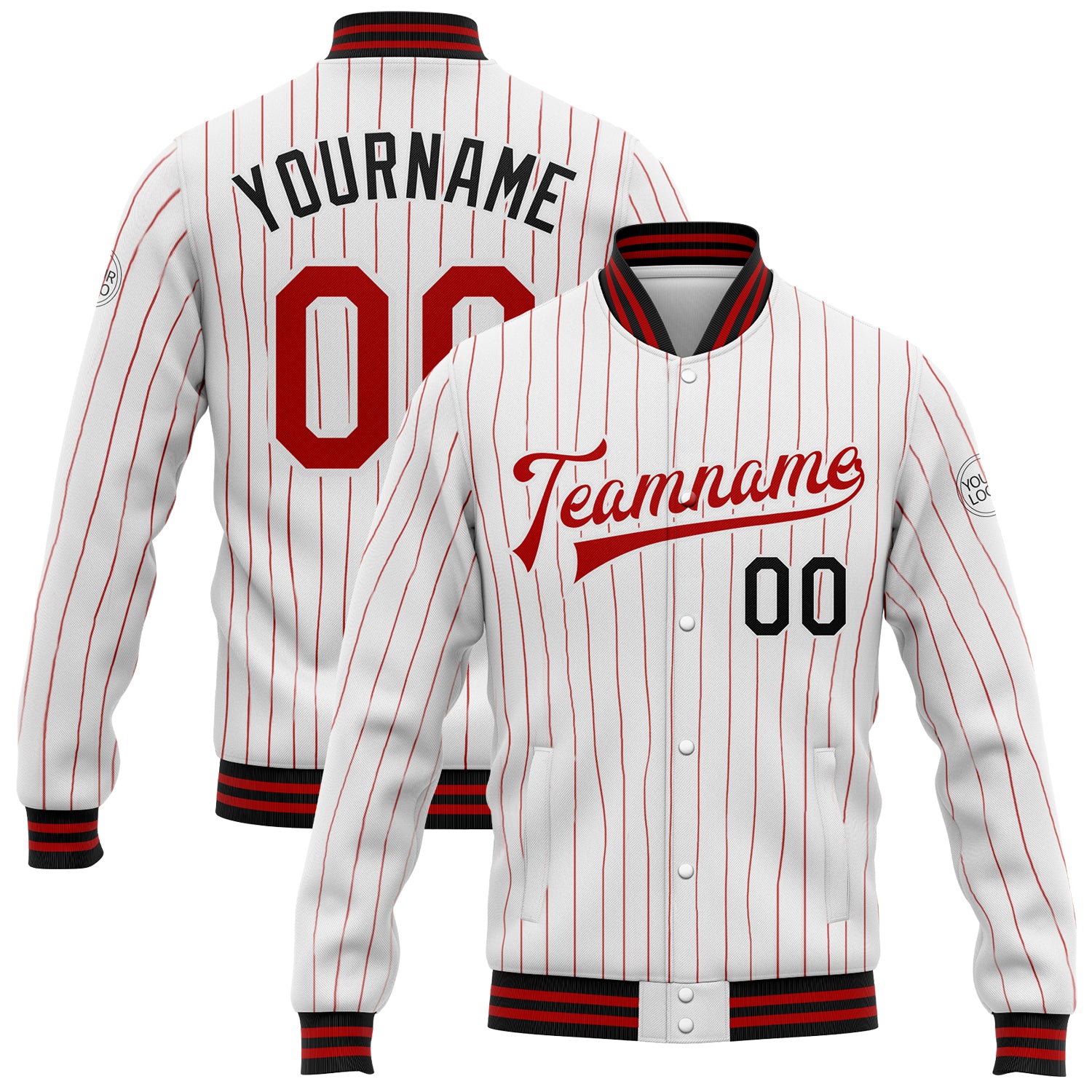 Custom Varsity Jacket with Personalized Name and Number - White Red Pinstripe Black Bomber Full-Snap Letterman Jacket Personalized