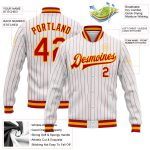 Custom Varsity Letterman Jacket - Personalized Gold Bomber with Red Pinstripe, Team Name & Number, Full-Snap Design Personalized