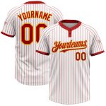 Custom Red and White Pinstripe Gold Softball Jersey Unisex Two-Button Design Personalized White Red Pinstripe Gold Two-Button
