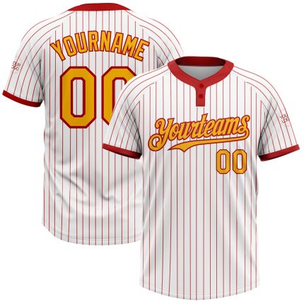 Custom Name and Number Unisex Softball Jersey - Personalized White Red Pinstripe Gold Two-Button Design Personalized White