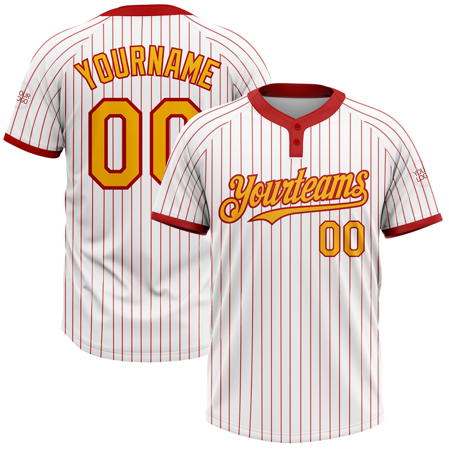 Custom Name and Number Unisex Softball Jersey - Personalized White Red Pinstripe Gold Two-Button Design Personalized White