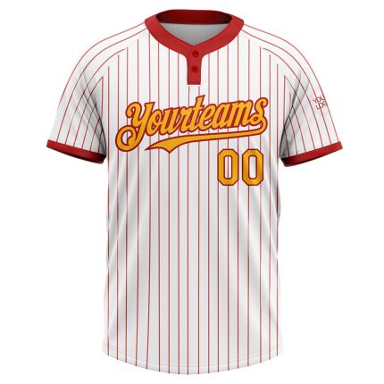 Custom Name and Number Unisex Softball Jersey - Personalized White Red Pinstripe Gold Two-Button Design Personalized White