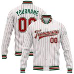 Custom Name and Number Varsity Letterman Jacket - Personalized White Red Pinstripe Kelly Green Bomber Personalized White