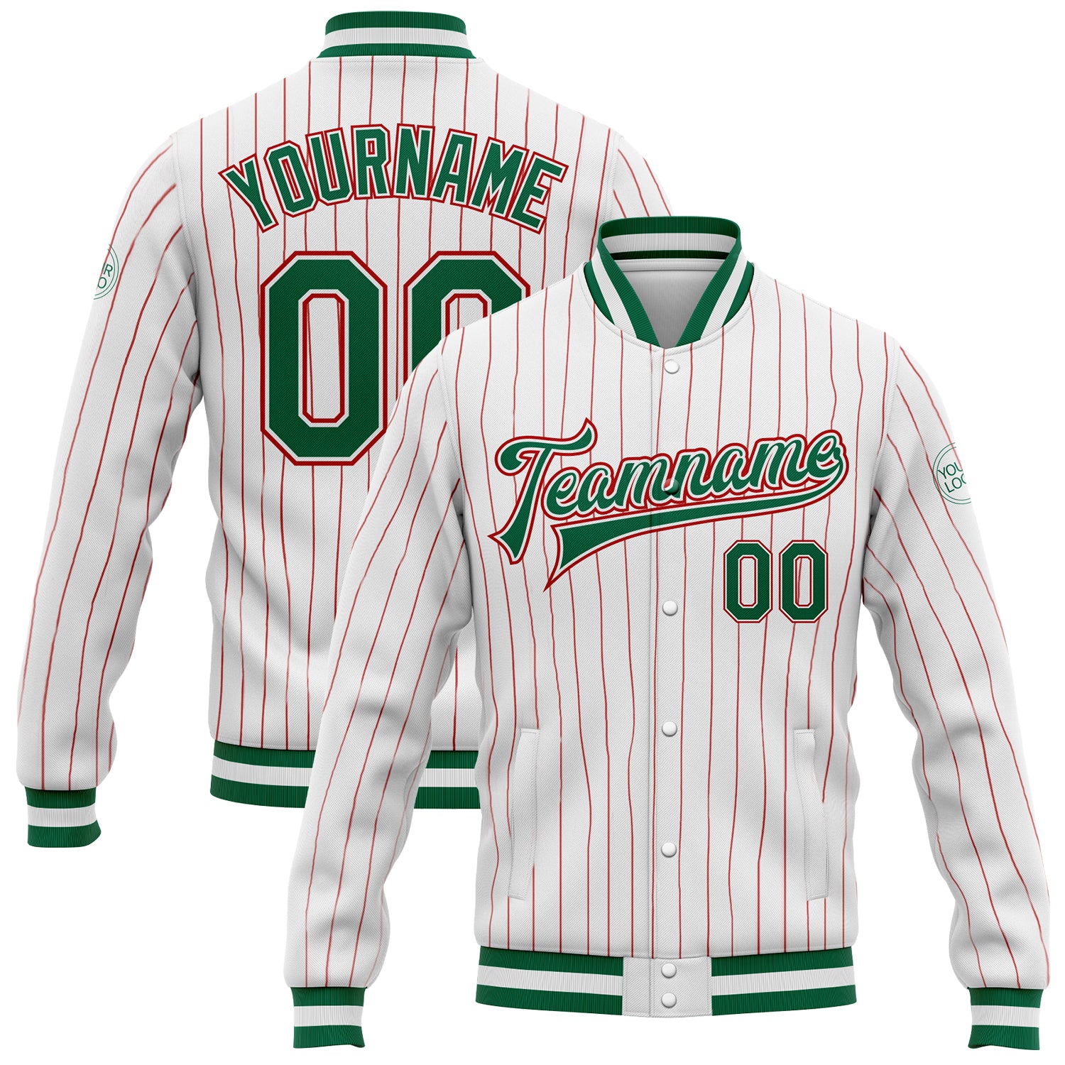 Personalized Team Custom Bomber Varsity Letterman Jacket with Name & Number - White Red Kelly Green Pinstripe Personalized