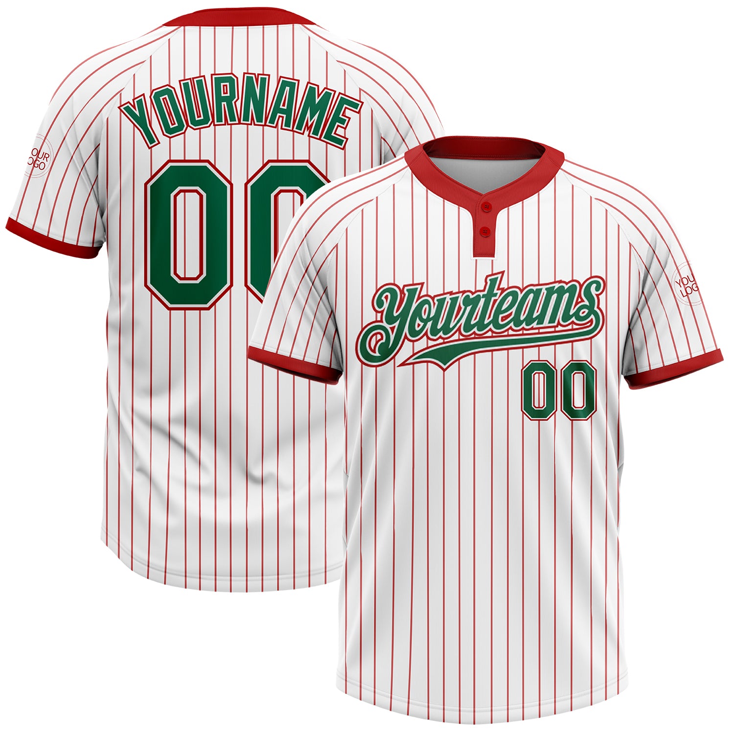 Custom Name Number Personalized Kelly Green Two-Button Unisex Softball Jersey with Red Pinstripes Personalized White Red