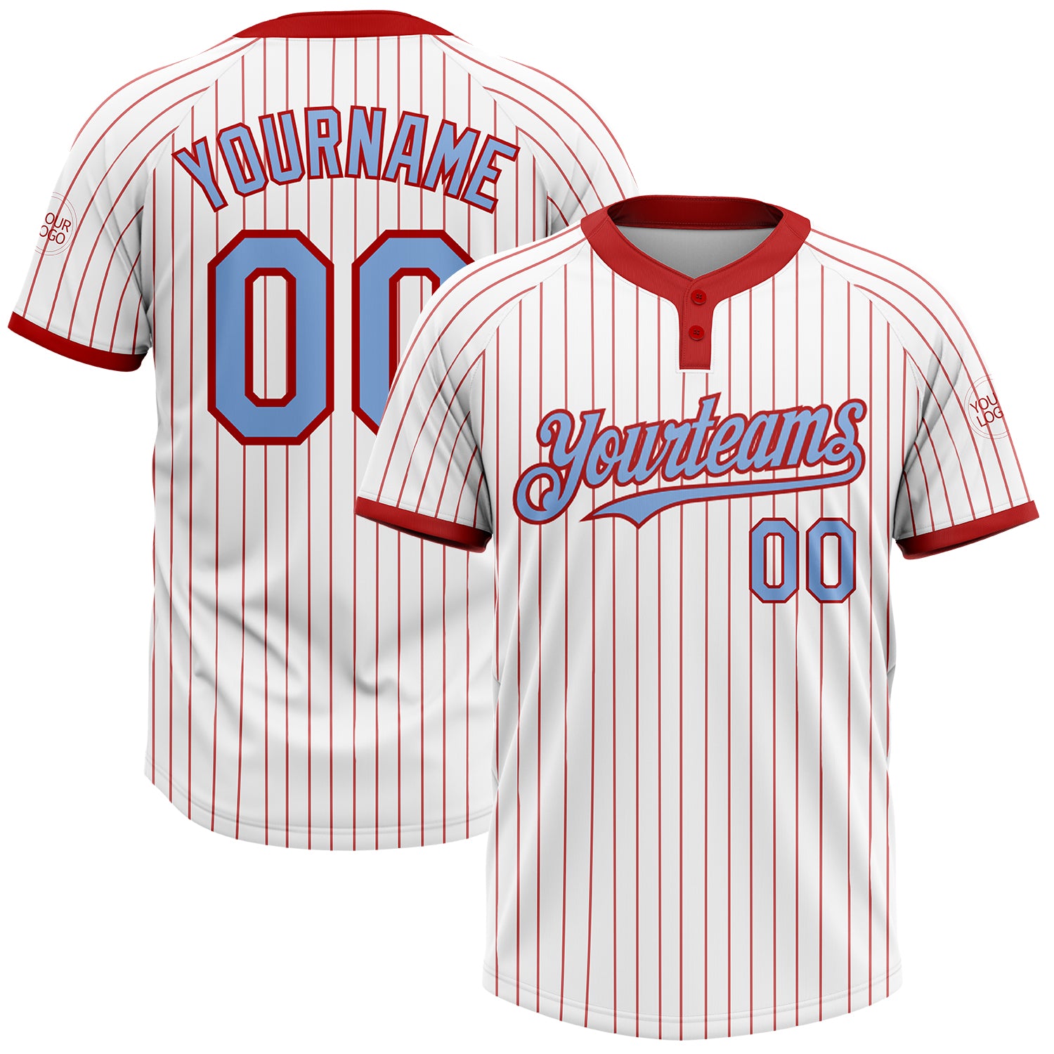 Custom Softball Jersey with Personalized Name & Number - Unisex Two-Button Light Blue Red Pinstripe Personalized White Red