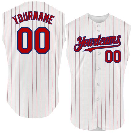 Custom Name and Number Navy Baseball Jersey - Personalized Authentic Sleeveless Red Pinstripe Design Personalized White Red