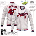 Personalized Red Pinstripe Navy Bomber Varsity Letterman Jacket Full-Snap Personalized White Red Pinstripe Navy Bomber Full-Snap