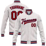 Personalized Red Pinstripe Navy Bomber Varsity Letterman Jacket Full-Snap Personalized White Red Pinstripe Navy Bomber Full-Snap