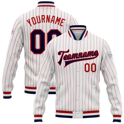Custom Team Name Number Navy Bomber Jacket Personalized Red White Pinstripe Full-Snap Varsity Letterman Personalized White