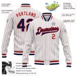 Custom Team Name Number Navy Bomber Jacket Personalized Red White Pinstripe Full-Snap Varsity Letterman Personalized White