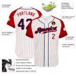 Custom Name and Number Baseball Jersey - Personalized Navy Red Authentic Raglan Sleeves with White Red Pinstripe Design Personalized