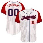 Custom Name and Number Baseball Jersey - Personalized Navy Red Authentic Raglan Sleeves with White Red Pinstripe Design Personalized