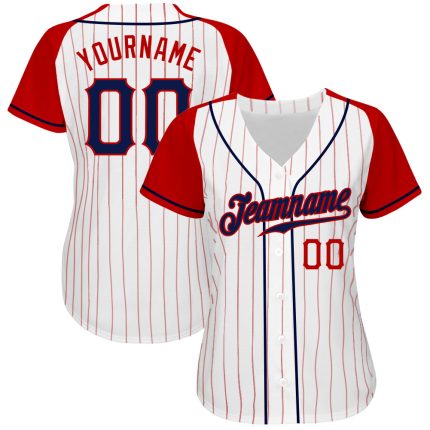 Custom Name and Number Baseball Jersey - Personalized Navy Red Authentic Raglan Sleeves with White Red Pinstripe Design Personalized