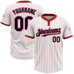 Custom Name and Number Unisex Softball Jersey - Personalized Red Navy Two-Button Pinstripe Design Personalized White Red
