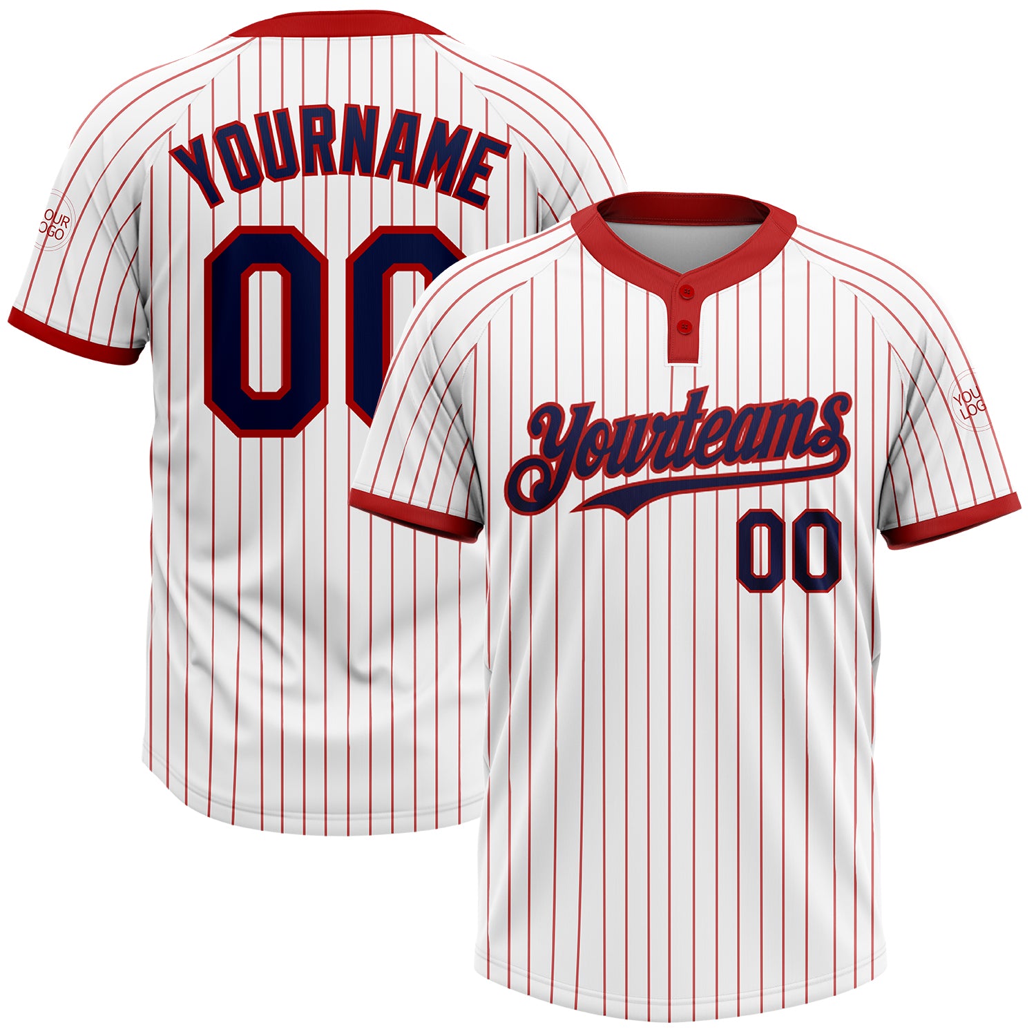 Custom Name and Number Unisex Softball Jersey - Personalized Red Navy Two-Button Pinstripe Design Personalized White Red