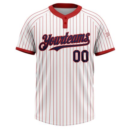 Custom Name and Number Unisex Softball Jersey - Personalized Red Navy Two-Button Pinstripe Design Personalized White Red