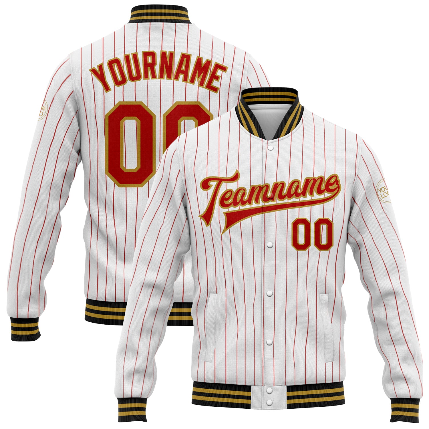 Custom Varsity Letterman Jacket with Personalized Name and Number - White Red Pinstripe Old Gold-Black Bomber Full-Snap Personalized