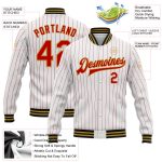 Custom Varsity Letterman Jacket with Personalized Name and Number - White Red Pinstripe Old Gold-Black Bomber Full-Snap Personalized